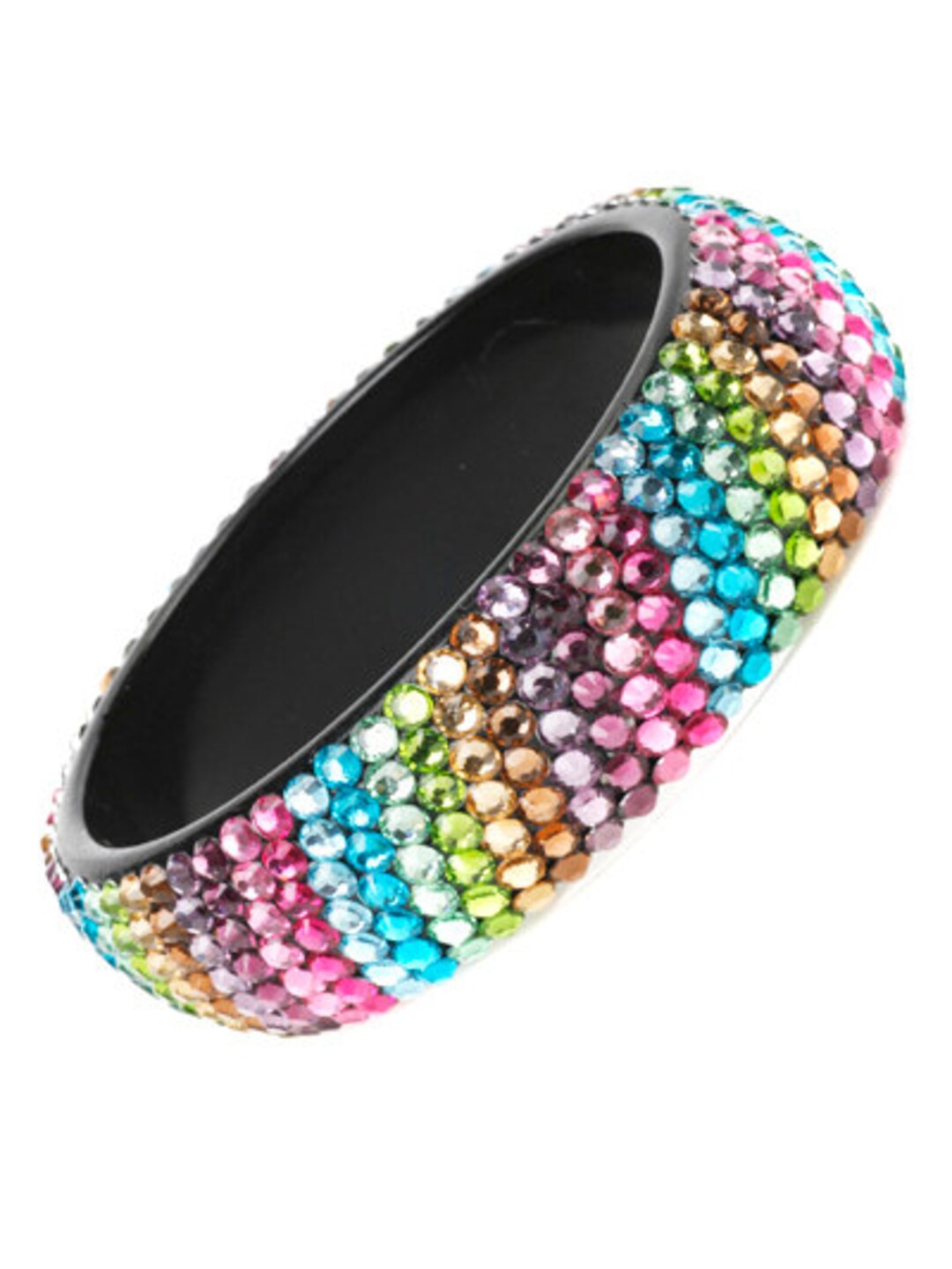 Vintage Jet Black Lucite Bold Multi Colored Rhinestone Wide