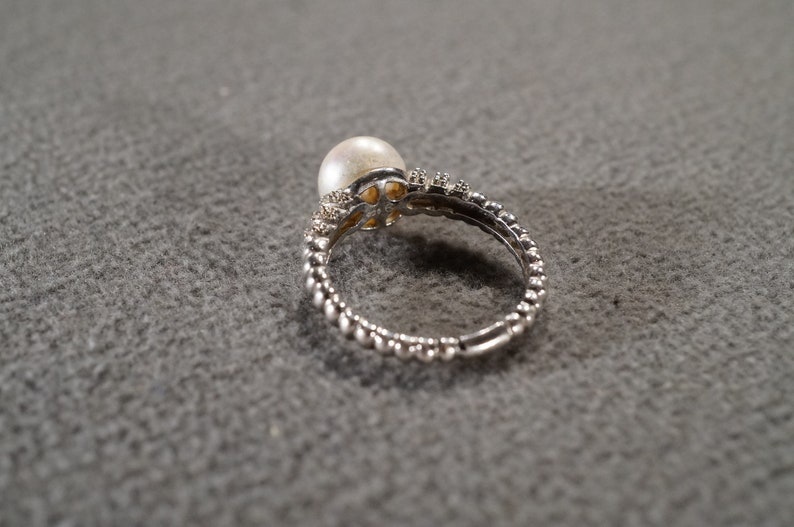 Vintage Sterling Silver Band Ring 19 Round Pear Prong Set Cultured Pearl Diamond Raised Relief Ribbed Design Setting Art Deco Style Size 7