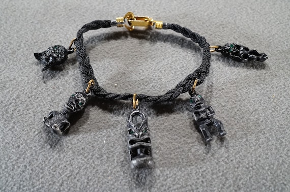 Vintage Charm Bracelet Jet Black Braided Twisted Cord 5 Vintage Charm Bracelet Jet Black Braided Twisted Cord 5