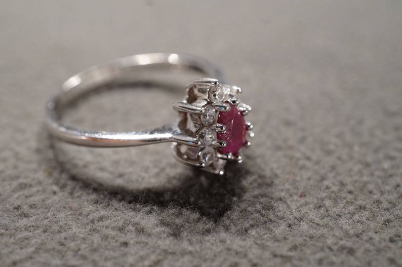 Vintage Serling Silver Band Ring Pear Prong Set Ruby 9 Round White Topaz Fancy Halo Design Size 11