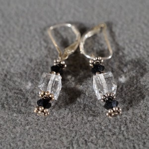 Vintage Sterling Silver 6 Rectangle Sphere Clear Jet Black Faceted Glass Bead Dangle Lever Back Style Pierced Earrings      #710