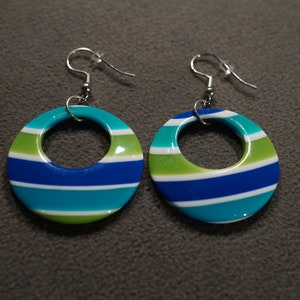 Vintage Silver Tone Pierced Drop Dangle Earrings Shades Blue Green Lucite Striped Retro Style Mid Century Modern Groovy Dress Accessory