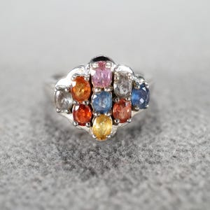 Vintage Wedding Band Stacker Design Ring Sterling Silver 9 Oval Prong Set White Pink White Topaz Citrine Garnet Cluster Row Multi Stone, 7.5