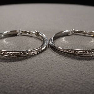 Vintage Silver Tone Pierced Hoop Style Earrings 3 Row Fancy Etched Design        #1463
