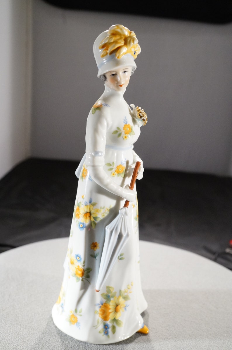 Vintage German Porcelain China Female Figurine Hand Painted Multi Colored Floral Design Victorian Style Statue Collectable Home Decor