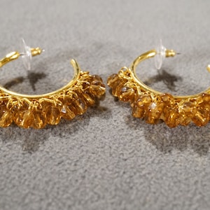 Vintage Yellow gold Tone Multi Round Yellow Orange Colored Fancy Faceted Dangle Bead Charm Design Large Round Style Pierced Hoop Earrings 69
