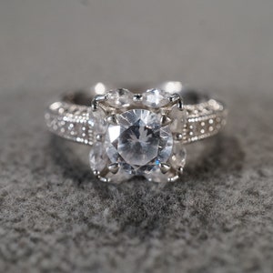 Vintage Sterling Silver Wedding Engagement Band Ring 33 Round Marquise Prong Set White Topaz Halo Design Setting Art Deco Style, Size 9