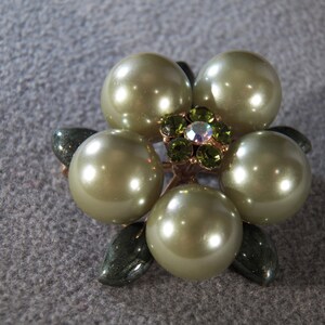 Vintage Yellow Gold Tone  Multi Round Green Pearl Green Aurora Borealis Rhinestone  Enameled Fancy Round Flower Pin Brooch