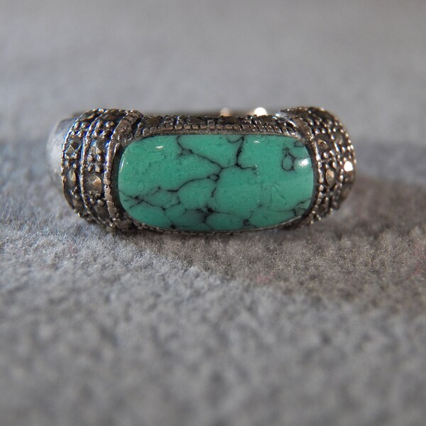 Vintage Sterling  Silver Rectangle Turquoise Multi  Round Round Marcasite Band Ring, Size 8