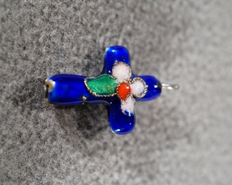 Vintage Italian Silver Tone Religious Cross Pendant Charm Fancy Detailed  Double Sided Cloisonné Enameled Style