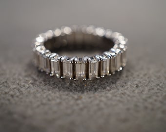 Vintage Wedding Eternity Band Stacker Design Ring Sterling Silver Multi Baguette Prong Set Cubic Zirconia Cluster Multi Stone Setting Size 7