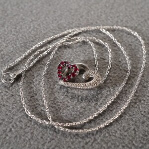 Vintage 14 K 10 K White Gold Pendant Charm Necklace Chain 17 Round Prong Set Ruby Diamond Double Inter Locking Heart  Setting