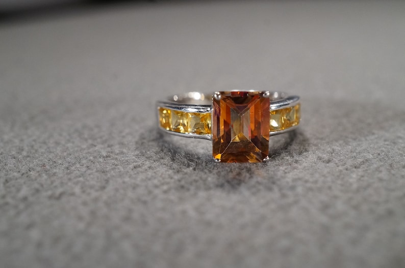 Vintage Sterling Silver Wedding Band Stacker Design Ring 7 Square Princess Rectangle Madera Golden Citrine East West Setting Art Deco Style