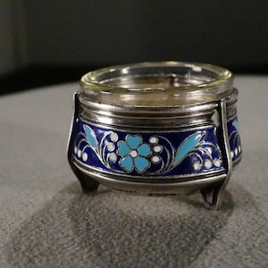Antique Vintage Sterling Silver Enameled Footed Master Salt Glass Insert Fancy Floral Design Enameling Dinning Table Decor Victorian   #4518