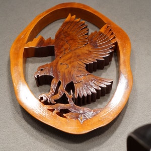 Vintage Wood Fancy Carved Etched Eagle Bird Design Wall Plaque Wall Hanging Hand Crafted Artist Home Decor Collectable Classic Accessory
