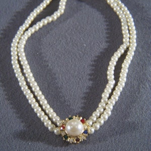 Vintage Unique Yellow gold Tone  2 Strand Multi Round Faux Pearl Multi- Colored Rhinestone Necklace       W