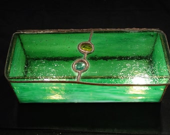 Vintage Leaded Silver Tone Trinket Jewelry Box Emerald Green Colored Art Glass Slag Glass Hinged Design Artist Art Deco Style Home Decor