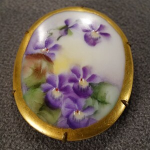 Antique Vintage Yellow Gold Tone Pendant Charm Hand Painted Prong Set Porcelain Limoges Multi Floral Design Big Oval Victorian Style   #3874
