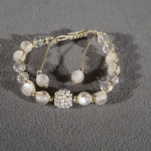 Vintage Multi Round Luster Opalescent Faux Pearl Bead Stone Gold Tone Woven Braided Cord Adjustable Slide Design Eternity Tennis  Bracelet