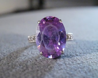 Vintage Sterling Silver  Extra Large Oval Amethyst Purple Colored Cubic Zirconia 10 Round Fancy Scrolled Bold Wide Raised Band Ring, Size 7