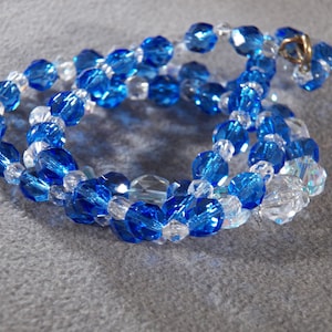Vintage  Multi Round Shaped Fully Faceted Shades Blue  Aurora Borealis Glass Bead Necklace, 26 &quot;