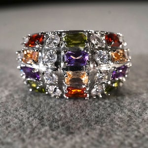 Vintage Sterling Silver Wedding Cigar Band Stacker Ring 28 Prong Set African Amethyst Golden Madera Citrine White Topaz 4 Row Setting Size 7