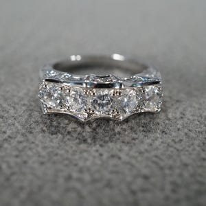 Vintage Wedding Band Stacker Design Ring Sterling Silver 5 Round Prong Set Cubic Zirconia Cluster Multi Stone Setting Scrolled Details,  7