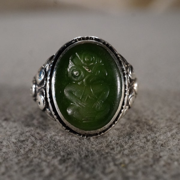 Antique Vintage Band Ring Oval Bezel Set Green Jade Carved Intaglio Design Buddha Figural Etch Scroll Filigree Setting Asian Style Size 7.5