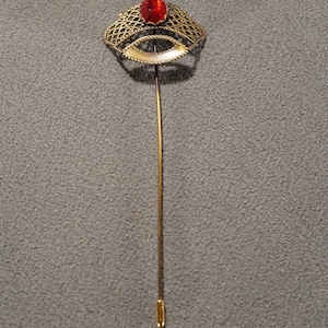 Vintage Yellow Gold Filled Stick Pin Hat Pin Lapel Pin Brooch Ring Conversion Design Ruby Red Colored Glass Stone Art Deco Style       #1321