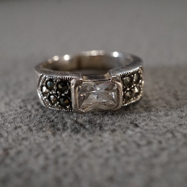 Vintage Sterling Silver Wedding Band Stacker Design Ring 11 Round Rectangle Bezel Set White Topaz Marcasite Art Deco Style Multi Stone, 6