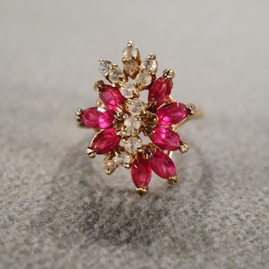 Vintage Sterling Silver Yellow Gold Overlay Band ring 20 Round Marquise Prong Set Red White Topaz Waterfall Cluster Multi Stone Setting, 7