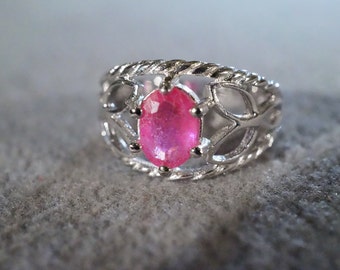 Vintage Sterling Silver Oval Ruby Fancy Scrolled Filigree Victorian Style  Band Ring, Size 7.5