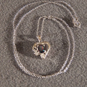 Vintage Sterling Silver Heart Shaped Pendant  Charm Necklace Chain Green Blue Topaz and White Topaz       RL