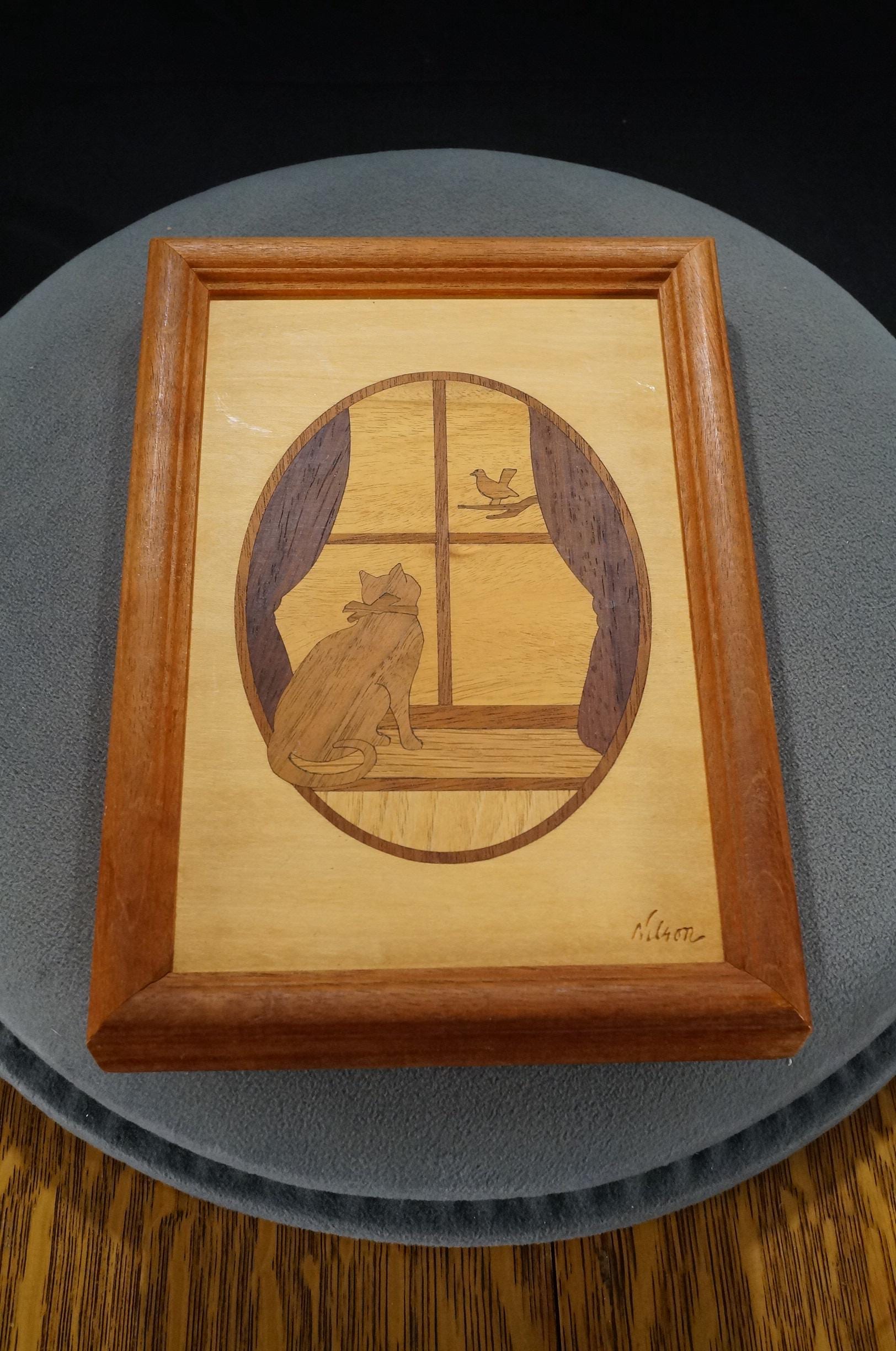 VINTAGE NELSON HUDSON RIVER WOOD INLAY FRAMED ELK WILDERNESS