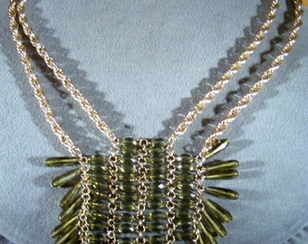 Vintage Yellow Gold Tone Multi OliveGreen Colored Heavy Faceted Glass Bead Victorian Style  Bib Lavaliere Necklace Chain       W