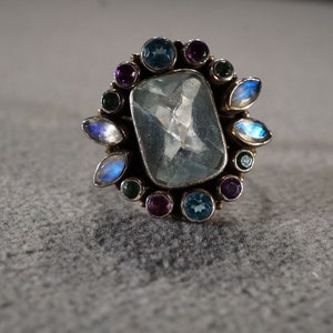 Vintage Sterling Silver Nicky Butler Band Ring 15 Bezel Set Round Marquise Rectangle Topaz Moonstone African Amethyst Chrome Diopside Halo 9