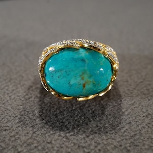 Vintage Sterling Silver Yellow Gold Overlay Oval Prong Set Turquoise Multi Round Prong Set White Topaz Scrolled East West Setting Classic, 9