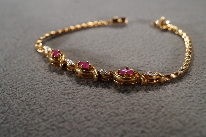 Vintage Sterling Silver Yellow Gold Overlay Station Link Design Bracelet 7 Round Marquise Prong Set Ruby Diamond Art Deco Style #2209