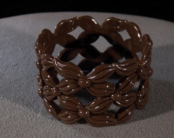 Vintage Brown Lucite Fancy carved Scrolled floral Wide Bangle Bracelet