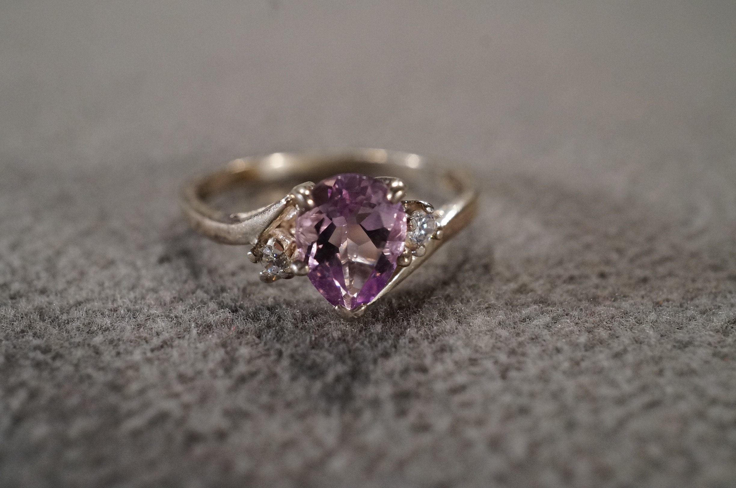 Vintage Sterling Silver Band Ring 3 Round Pear Prong Set Amethyst Diamond Fancy Bypass Design Setting Art Deco Style, Size 8
