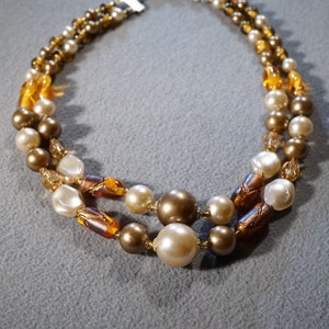 Vintage Vintage Yellow Gold Tone Multi Round Oblong Faux Pearl 2 Strand Necklace Shades Yellow Orange Glass Bead    RL