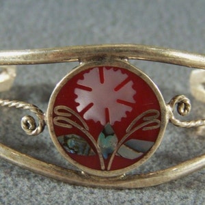 Vintage coral mother of pearl Abalone Floral Design Southwestern Style Sterling Silver Fancy Cuff Bangle Bracelet        **RL