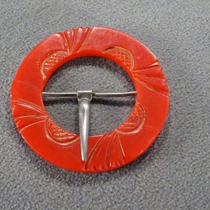 Antique Vintage Buckle Cherry Red Fancy Carved Bakelite Versatile Fashion Accessory Art Deco Style Classic Collectable       #1727