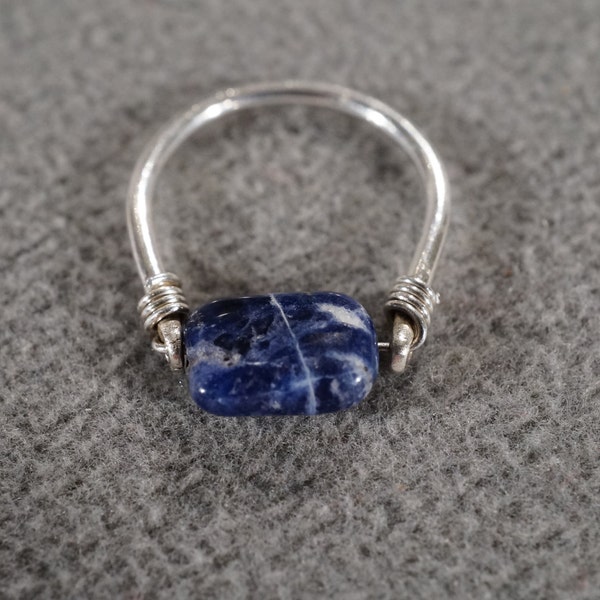 Vintage Band Ring Sterling Silver Rectangle Striated Blue Agate Swivel Articulated Design Size 5