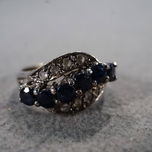 Vintage Sterling Silver Band Ring  14 Round Prong Set Midnight Blue Sapphire White Topaz 3 Row Design Fancy Art Deco Style, Size 6