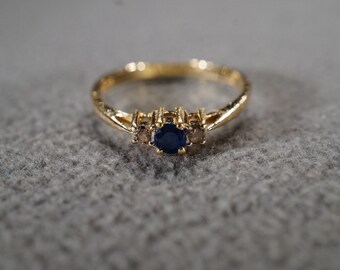 Vintage 14 K Yellow Gold Wedding Band Stacker Design Ring 3 Round Prong Set Diamond Blue Sapphire Art Deco Style, Size 7