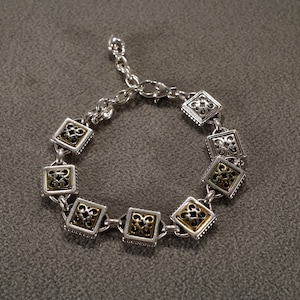 Vintage Designer Signed Brighton Silver Brass Tennis Bracelet Raised Relief Etched Scrolled Filigree Station Link Setting Classic Heart Tin