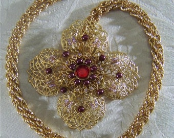 vintage yellow gold tone ruby red Rhinestone Faux Pearl filigree flower crest Victorian Style pendant Charm Necklace Chain       **RL