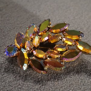 Vintage Gold Tone Pin Brooch Designer Signed Continental Multi Round Marquise Prong Set Aurora Borealis Rhinestone Art Deco Style      #2380