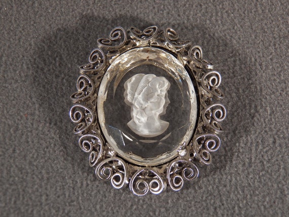 Vintage Silver Tone Oval Fancy Carved Cameo Intag… - image 1